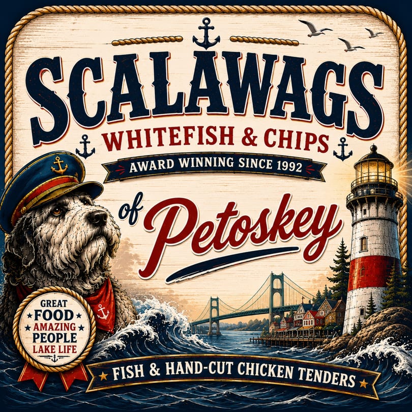 Nautical-themed Scalawags Whitefish & Chips sign with a dog captain, lighthouse, bridge, and lake waves.