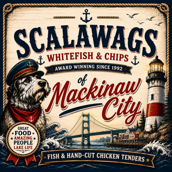 Nautical sign for Scalawags Whitefish & Chips with a dog, lighthouse, and Mackinac Bridge.