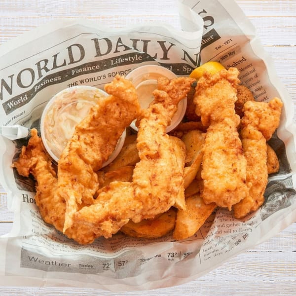 Crispy fried fish and chips with dipping sauces, served in a newspaper-lined basket.