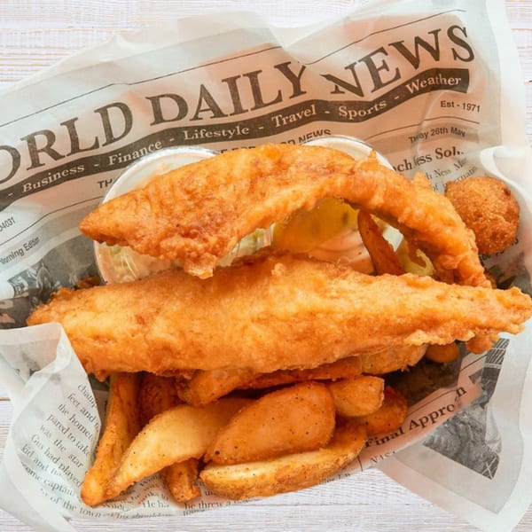 Golden fried fish and potato wedges served in a basket lined with newspaper.