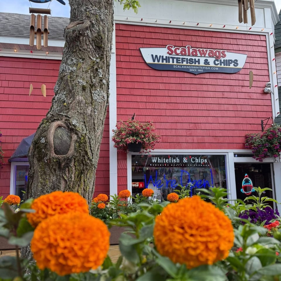 Scalawags Whitefish & Chips restaurant with a red exterior, white trim, and orange flowers in the foreground.
